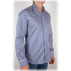 Poggianti 1958 Shirts-Poggianti 1985 - Blue-White Striped Shirt - Handmade in Italy - New Luxury Exclusive Collection - Avvenice