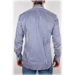 Poggianti 1958 Shirts-Poggianti 1985 - Blue-White Striped Shirt - Handmade in Italy - New Luxury Exclusive Collection - Avvenice