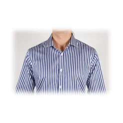 Poggianti 1958 Shirts-Poggianti 1985 - Blue-White Striped Shirt - Handmade in Italy - New Luxury Exclusive Collection - Avvenice