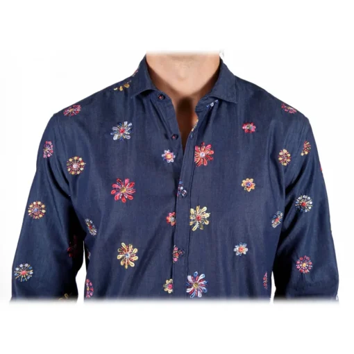 Poggianti 1958 Shirts-Poggianti 1985 - Denim Shirt with Embroidery - Handmade in Italy - New Luxury Exclusive Collection - Avvenice