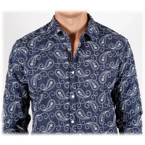 Poggianti 1958 Shirts-Poggianti 1985 - Denim Shirt with Embroidery - Handmade in Italy - New Luxury Exclusive Collection - Avvenice