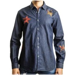 Poggianti 1958 Shirts-Poggianti 1985 - Denim Shirt with Patchwork Stars - Handmade in Italy - New Luxury Exclusive Collection - Avvenice