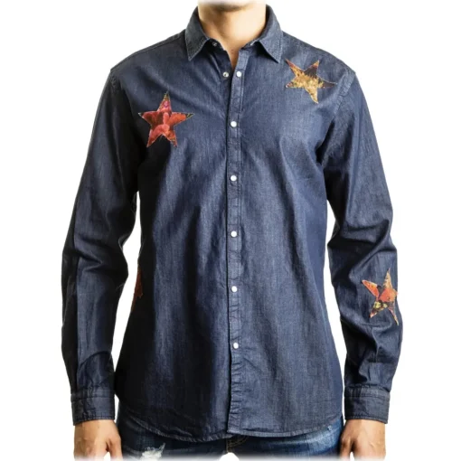 Poggianti 1958 Shirts-Poggianti 1985 - Denim Shirt with Patchwork Stars - Handmade in Italy - New Luxury Exclusive Collection - Avvenice