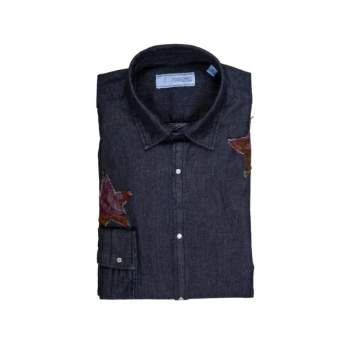Poggianti 1958 Shirts-Poggianti 1985 - Denim Shirt with Patchwork Stars - Handmade in Italy - New Luxury Exclusive Collection - Avvenice