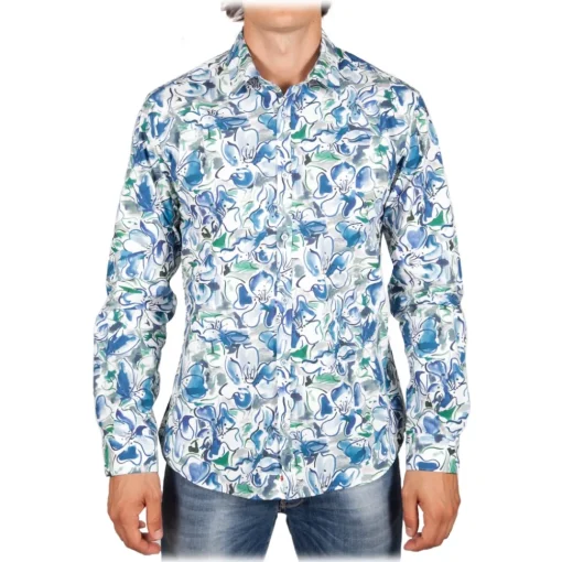 Poggianti 1958 Shirts-Poggianti 1985 - Small Italian Collar Patterned Shirt - Handmade in Italy - New Luxury Exclusive Collection - Avvenice
