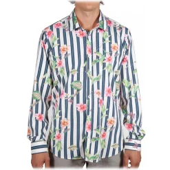 Poggianti 1958 Shirts-Poggianti 1985 - Striped Shirt with Floral Pattern Soft Collar - Handmade in Italy - New Luxury Exclusive Collection - Avvenice