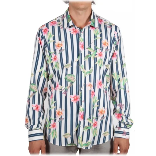 Poggianti 1958 Shirts-Poggianti 1985 - Striped Shirt with Floral Pattern Soft Collar - Handmade in Italy - New Luxury Exclusive Collection - Avvenice