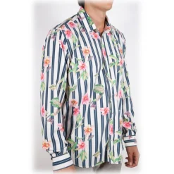 Poggianti 1958 Shirts-Poggianti 1985 - Striped Shirt with Floral Pattern Soft Collar - Handmade in Italy - New Luxury Exclusive Collection - Avvenice