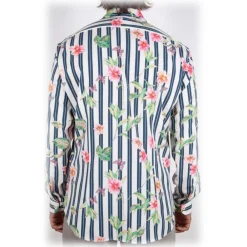 Poggianti 1958 Shirts-Poggianti 1985 - Striped Shirt with Floral Pattern Soft Collar - Handmade in Italy - New Luxury Exclusive Collection - Avvenice