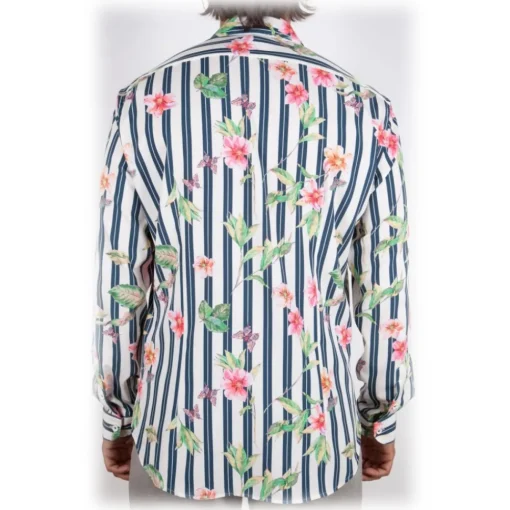 Poggianti 1958 Shirts-Poggianti 1985 - Striped Shirt with Floral Pattern Soft Collar - Handmade in Italy - New Luxury Exclusive Collection - Avvenice