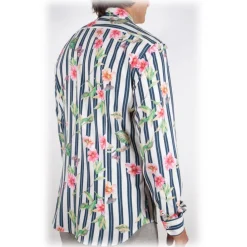 Poggianti 1958 Shirts-Poggianti 1985 - Striped Shirt with Floral Pattern Soft Collar - Handmade in Italy - New Luxury Exclusive Collection - Avvenice