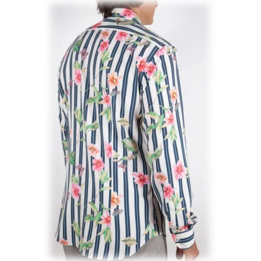 Poggianti 1958 Shirts-Poggianti 1985 - Striped Shirt with Floral Pattern Soft Collar - Handmade in Italy - New Luxury Exclusive Collection - Avvenice