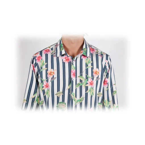 Poggianti 1958 Shirts-Poggianti 1985 - Striped Shirt with Floral Pattern Soft Collar - Handmade in Italy - New Luxury Exclusive Collection - Avvenice