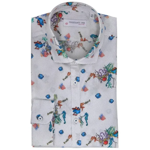 Poggianti 1958 Shirts-Poggianti 1985 - White Soft Collar Patterned Shirt - Handmade in Italy - New Luxury Exclusive Collection - Avvenice