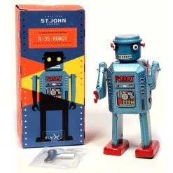 Saint John Games-- R-35 Robot - Collectible Retro Wind Up Tin Toy - Metallic Blue- Tin Toys - Avvenice