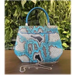 Su\u00e8i Bags-Suèi - Bag of Medium Size of Python & Crocodile Leather - Azzurro - Handmade in Italy - Luxury Exclusive Collection - Avvenice
