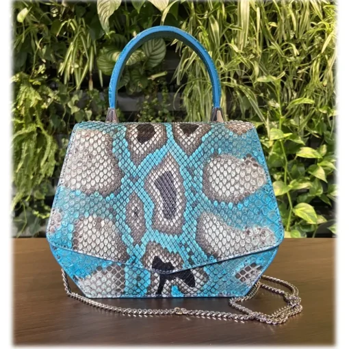 Su\u00e8i Bags-Suèi - Bag of Medium Size of Python & Crocodile Leather - Azzurro - Handmade in Italy - Luxury Exclusive Collection - Avvenice