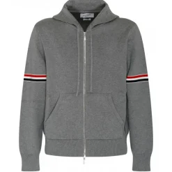 Thom Browne Sweatshirts-- Grey Striped Zip Up Hoodie - Exclusive Luxury Collection - Avvenice