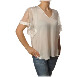 Twinset T-shirt-- Blouse With V-Neck - White - T-shirt - Made in Italy - Luxury Exclusive Collection - Avvenice