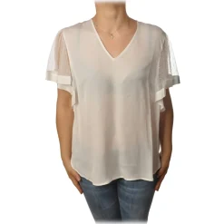 Twinset T-shirt-- Blouse With V-Neck - White - T-shirt - Made in Italy - Luxury Exclusive Collection - Avvenice