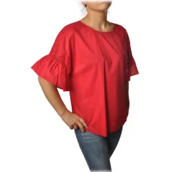 Twinset Shirts-- Crew-neck Shirt with Short Sleeves and Frill - Red - Shirt - Made in Italy - Luxury Exclusive Collection - Avvenice