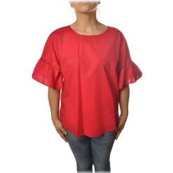 Twinset Shirts-- Crew-neck Shirt with Short Sleeves and Frill - Red - Shirt - Made in Italy - Luxury Exclusive Collection - Avvenice