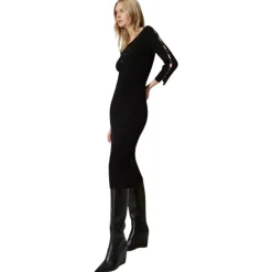 Twinset Dresses-- Cut-Out Detail Longuette Dress - Black - Dresses - Made in Italy - Luxury Exclusive Collection - Avvenice