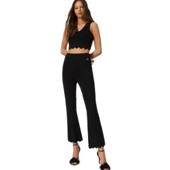Twinset Trousers-- Flare Trousers with Scalloped Bottoms - Black - Trousers - Made in Italy - Luxury Exclusive Collection - Avvenice