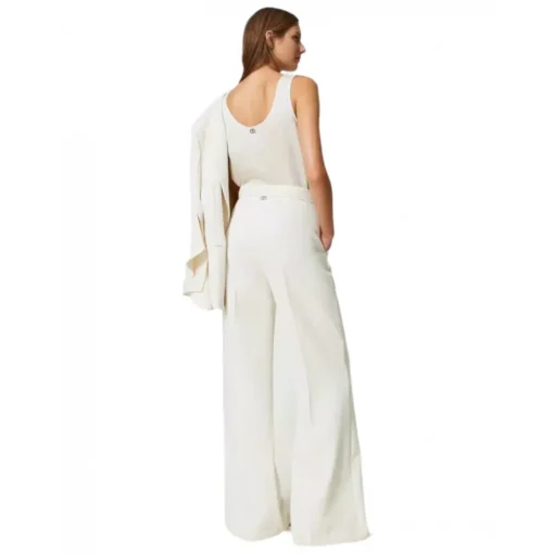 Twinset Trousers-- Fluid Crepe Full Length Trousers - White - Trousers - Made in Italy - Luxury Exclusive Collection - Avvenice