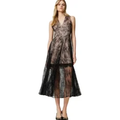 Twinset Dresses-- Long Lace Dress with Pleated Skirt - Black - Dress - Made in Italy - Luxury Exclusive Collection - Avvenice