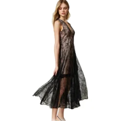 Twinset Dresses-- Long Lace Dress with Pleated Skirt - Black - Dress - Made in Italy - Luxury Exclusive Collection - Avvenice
