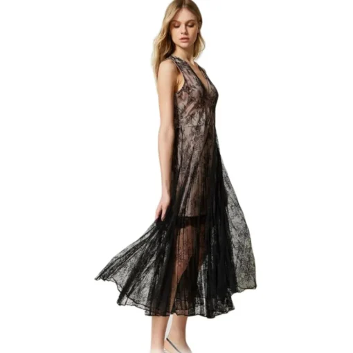 Twinset Dresses-- Long Lace Dress with Pleated Skirt - Black - Dress - Made in Italy - Luxury Exclusive Collection - Avvenice