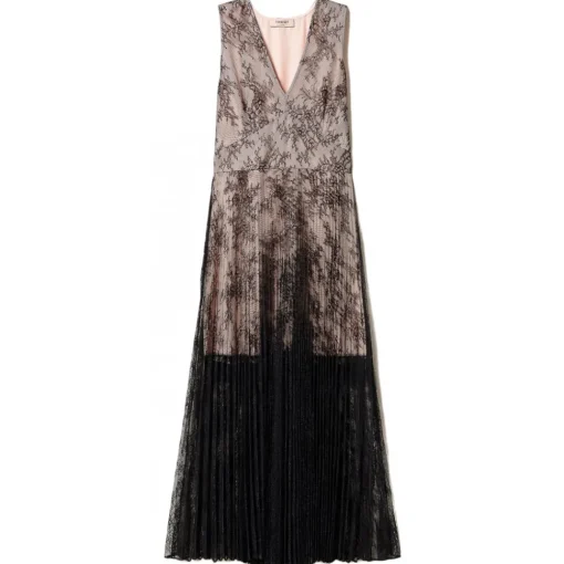 Twinset Dresses-- Long Lace Dress with Pleated Skirt - Black - Dress - Made in Italy - Luxury Exclusive Collection - Avvenice