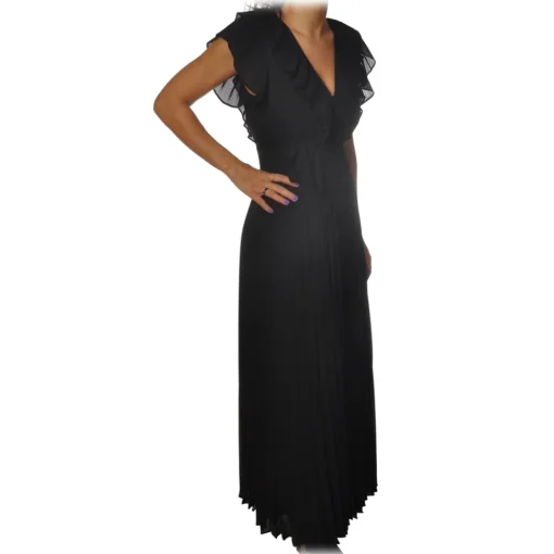 Twinset Dresses-- Long Pleated Dress with Ribbon - Black - Dress - Made in Italy - Luxury Exclusive Collection - Avvenice
