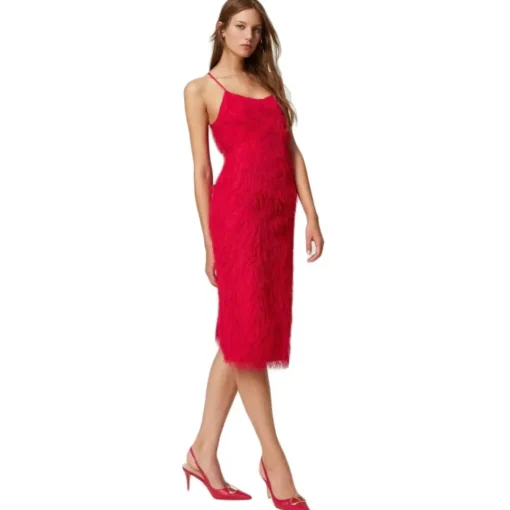 Twinset Dresses-- Longuette Dress with Feather Effect Threads - Red - Dress - Made in Italy - Luxury Exclusive Collection - Avvenice
