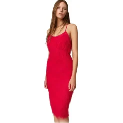 Twinset Dresses-- Longuette Dress with Feather Effect Threads - Red - Dress - Made in Italy - Luxury Exclusive Collection - Avvenice