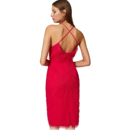 Twinset Dresses-- Longuette Dress with Feather Effect Threads - Red - Dress - Made in Italy - Luxury Exclusive Collection - Avvenice