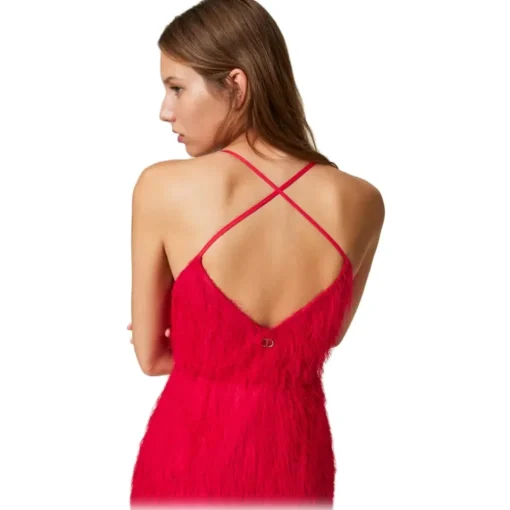 Twinset Dresses-- Longuette Dress with Feather Effect Threads - Red - Dress - Made in Italy - Luxury Exclusive Collection - Avvenice