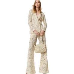 Twinset Trousers-- Macramé Lace Trousers - Cream - Trousers - Made in Italy - Luxury Exclusive Collection - Avvenice