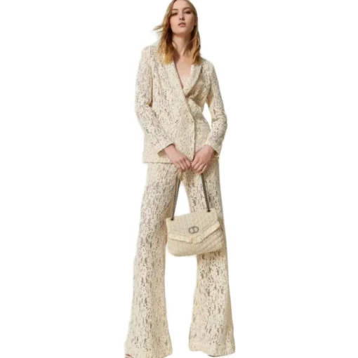 Twinset Trousers-- Macramé Lace Trousers - Cream - Trousers - Made in Italy - Luxury Exclusive Collection - Avvenice
