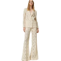 Twinset Trousers-- Macramé Lace Trousers - Cream - Trousers - Made in Italy - Luxury Exclusive Collection - Avvenice