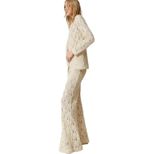 Twinset Trousers-- Macramé Lace Trousers - Cream - Trousers - Made in Italy - Luxury Exclusive Collection - Avvenice