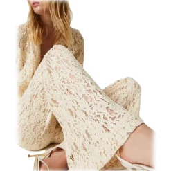 Twinset Trousers-- Macramé Lace Trousers - Cream - Trousers - Made in Italy - Luxury Exclusive Collection - Avvenice