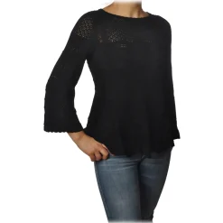 Twinset Knitwears-- Openwork Sweater Flared Effect on the Bottom - Black - Knitwear - Made in Italy - Luxury Exclusive Collection - Avvenice