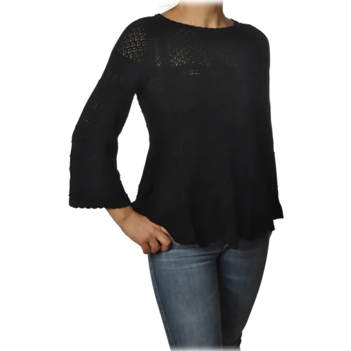 Twinset Knitwears-- Openwork Sweater Flared Effect on the Bottom - Black - Knitwear - Made in Italy - Luxury Exclusive Collection - Avvenice