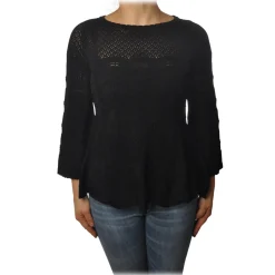 Twinset Knitwears-- Openwork Sweater Flared Effect on the Bottom - Black - Knitwear - Made in Italy - Luxury Exclusive Collection - Avvenice