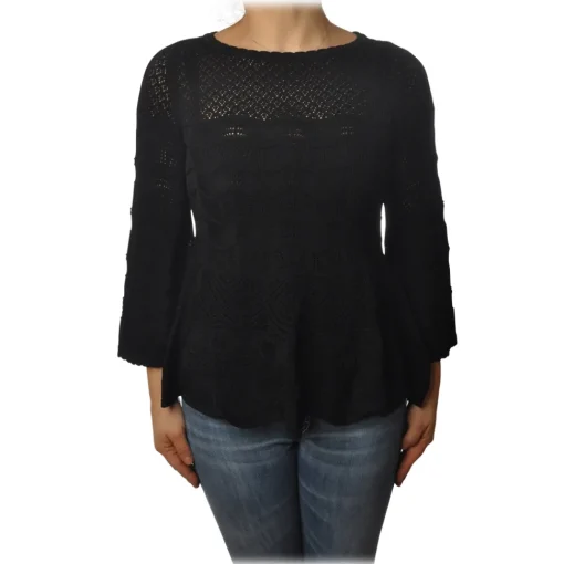 Twinset Knitwears-- Openwork Sweater Flared Effect on the Bottom - Black - Knitwear - Made in Italy - Luxury Exclusive Collection - Avvenice