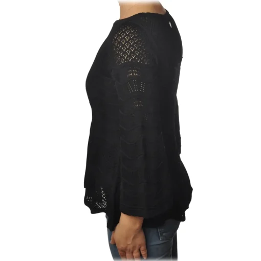 Twinset Knitwears-- Openwork Sweater Flared Effect on the Bottom - Black - Knitwear - Made in Italy - Luxury Exclusive Collection - Avvenice