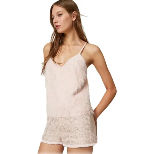 Twinset Tops-- Top with Feather Effect Threads - Powder Pink - Top - Made in Italy - Luxury Exclusive Collection - Avvenice