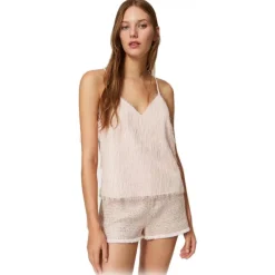 Twinset Tops-- Top with Feather Effect Threads - Powder Pink - Top - Made in Italy - Luxury Exclusive Collection - Avvenice